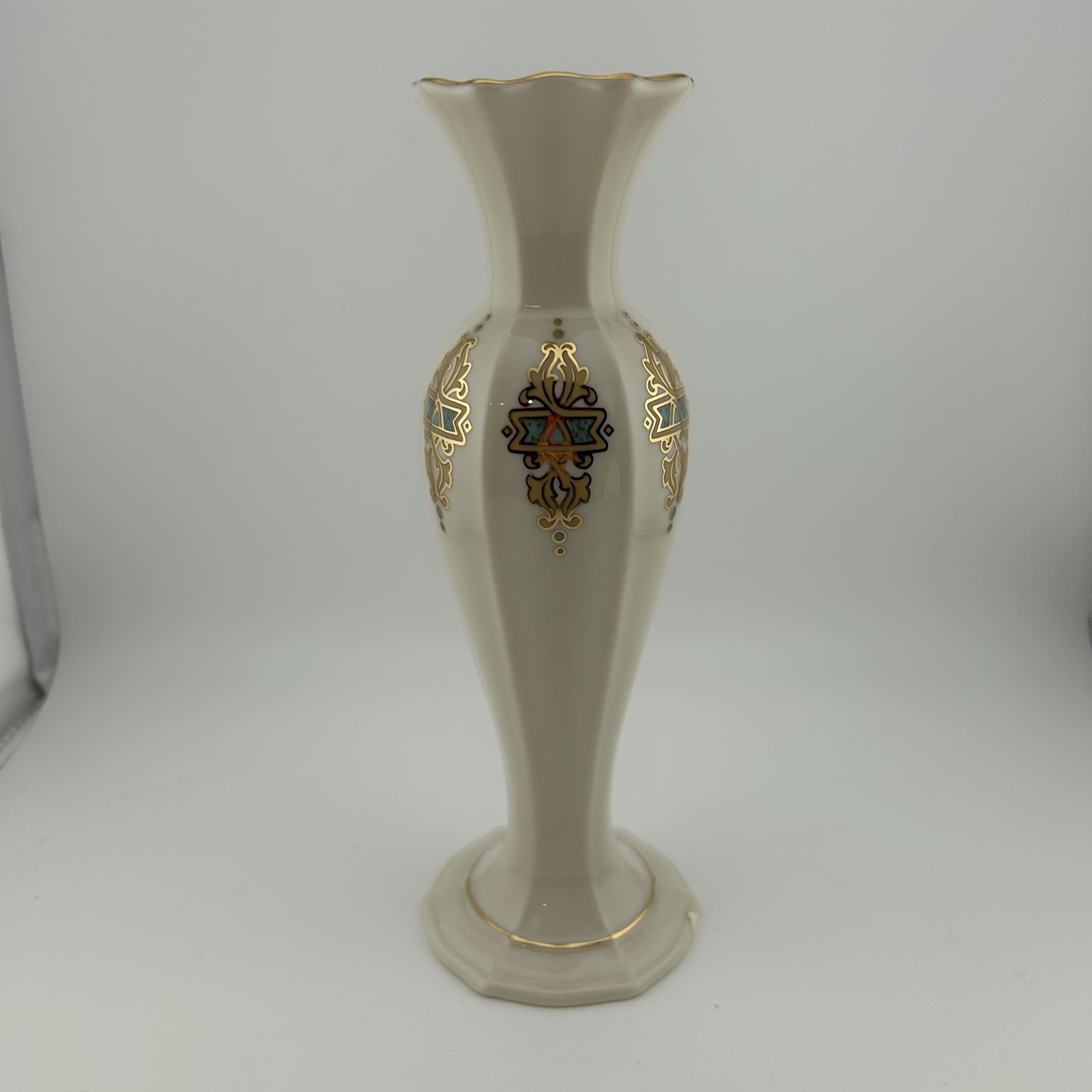 Lenox Catalan 8” Bud Vase Ivory Porcelain Gold Teal Trim Classic USA NEW W/BOX