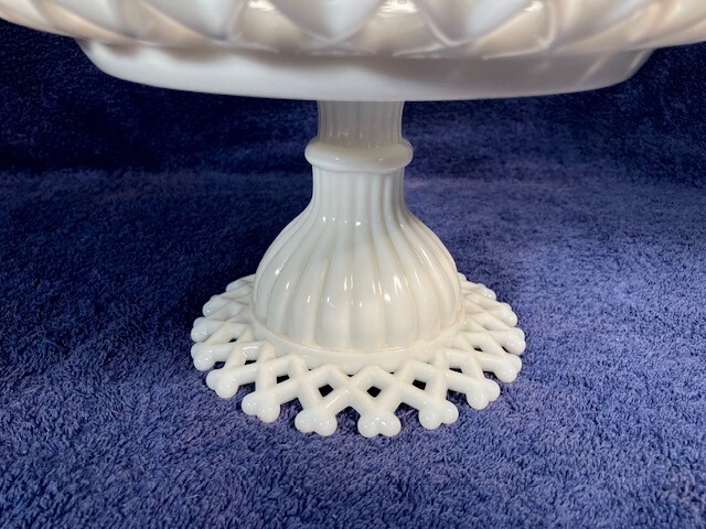 MINT Vintage WESTMORELAND Milk Glass COMPOTE Basket Weave LATTICE Open Lace Edge