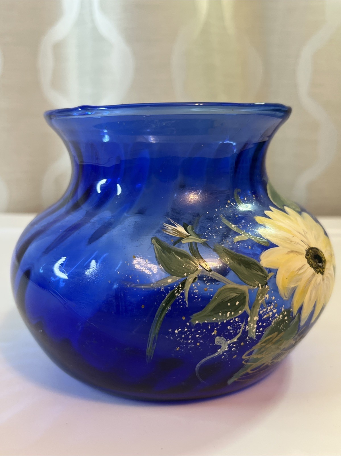 Vintage Indiana Glass Cobalt Blue Wide Mouth Bouquet Vase Illusions Hand Painted