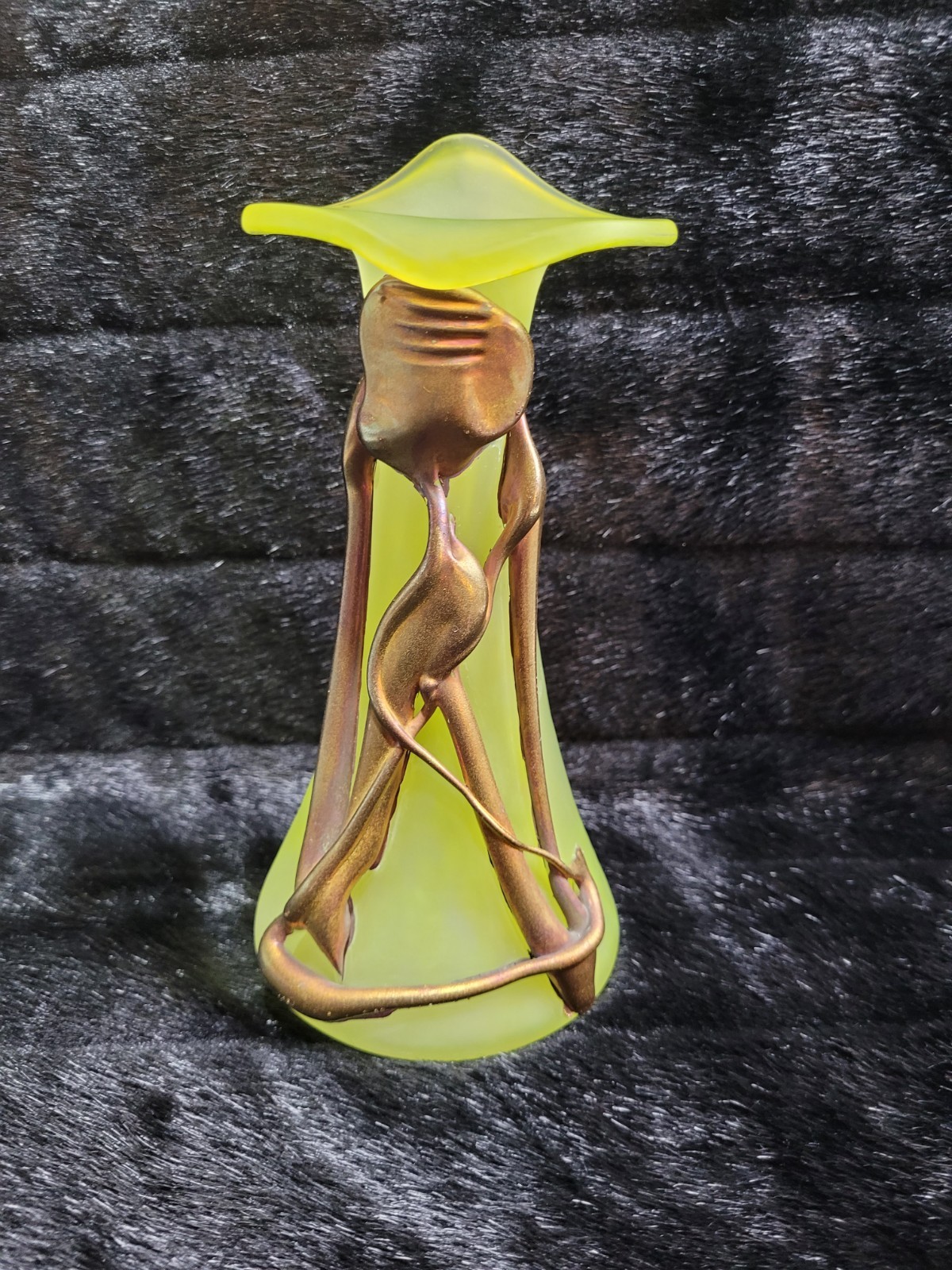 Filip Ravert Romblast Style Art Glass Vase Yellow Satin Metal Overlay 8.5″