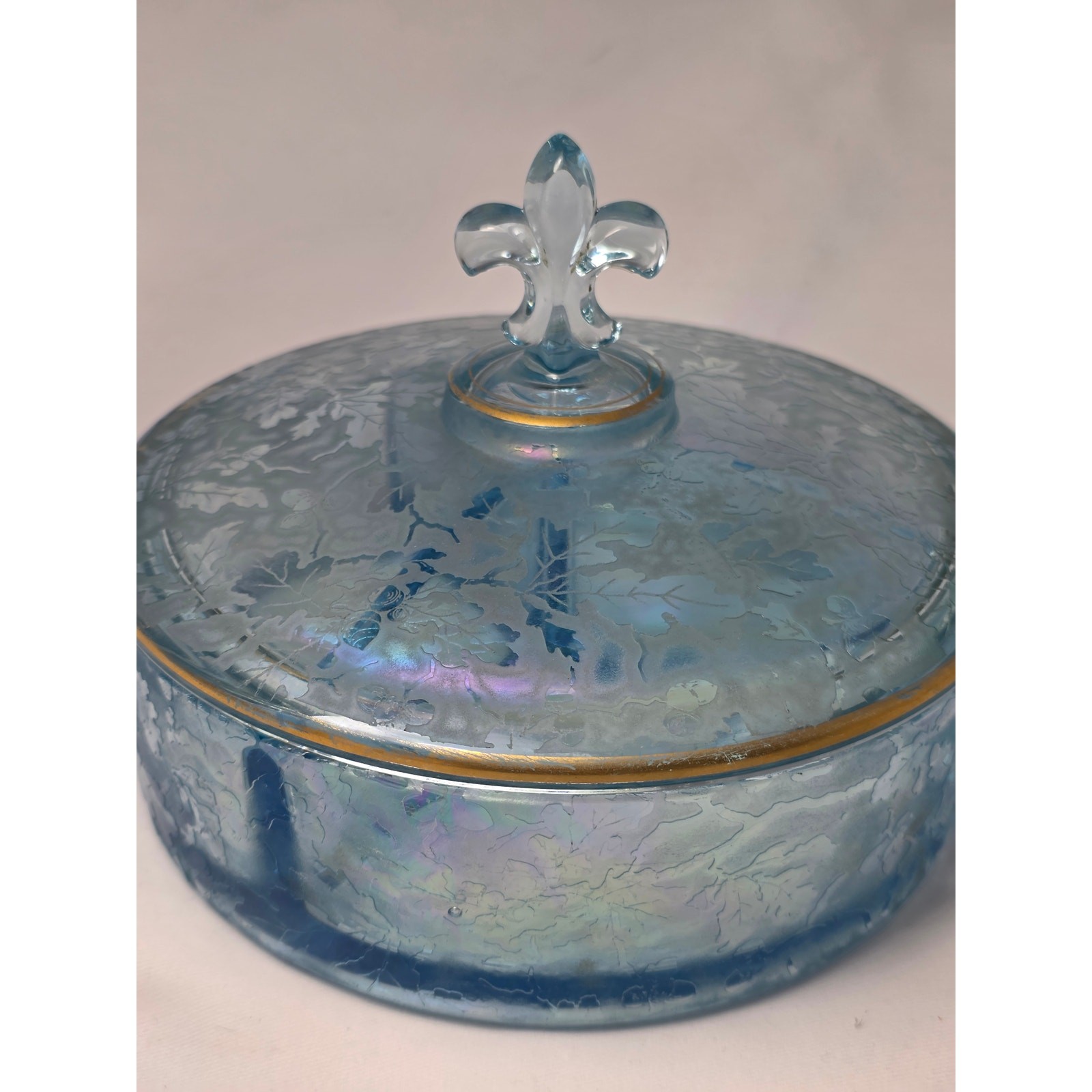 Antique Fostoria OakwoodBlue Iridescent Etched Acorn Covered Divided Dish W/ Lid