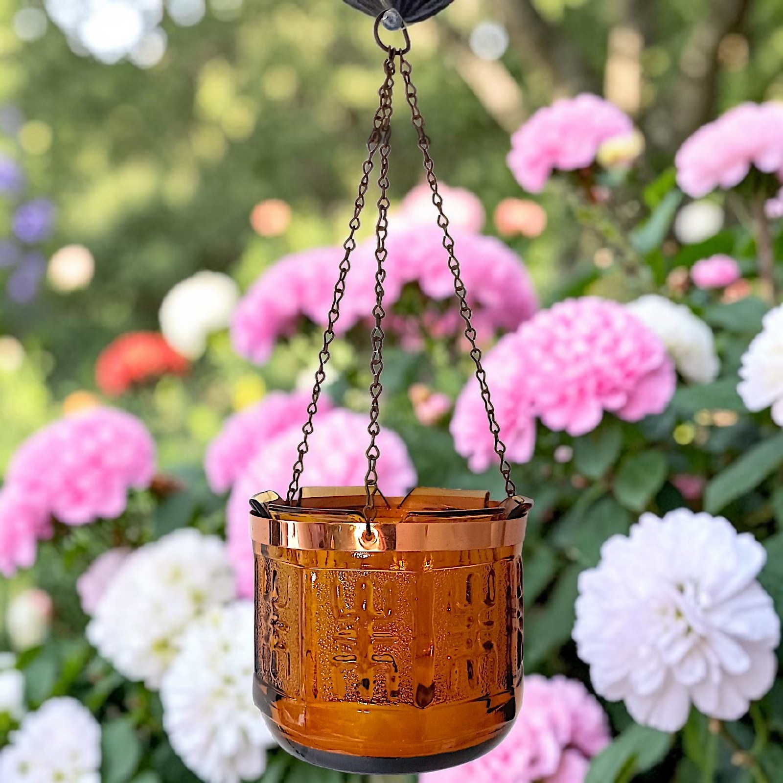 Vintage Amber Glass Hanging Planter Pot Chain Princess House MCM Candle Holder