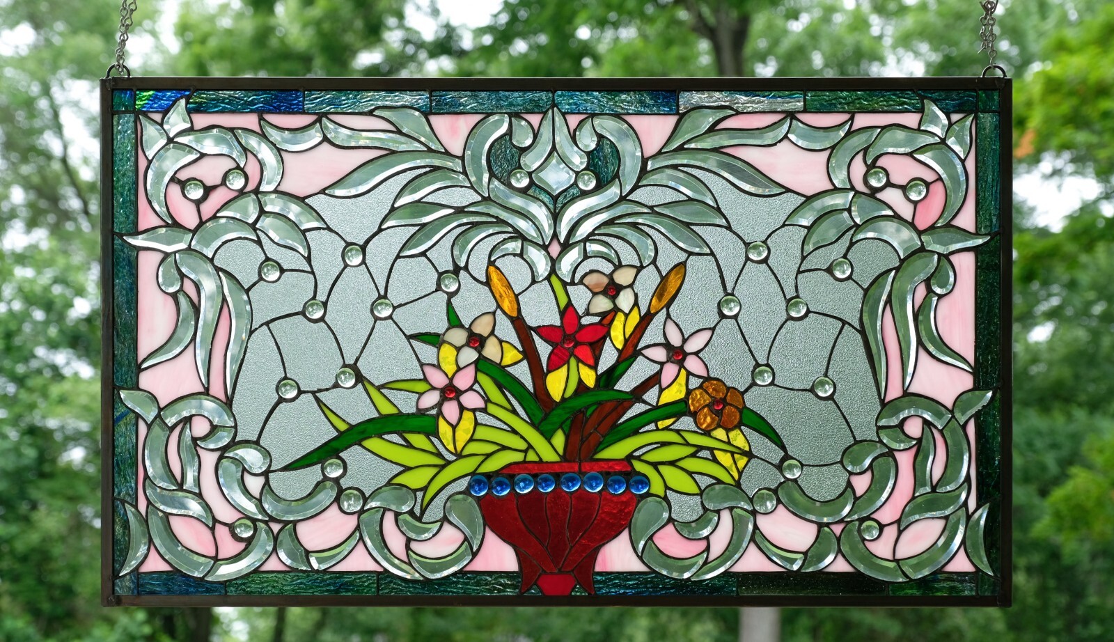 34.5″L x 20.5″H Handcrafted Beveled stained glass window panel Flower 23-143