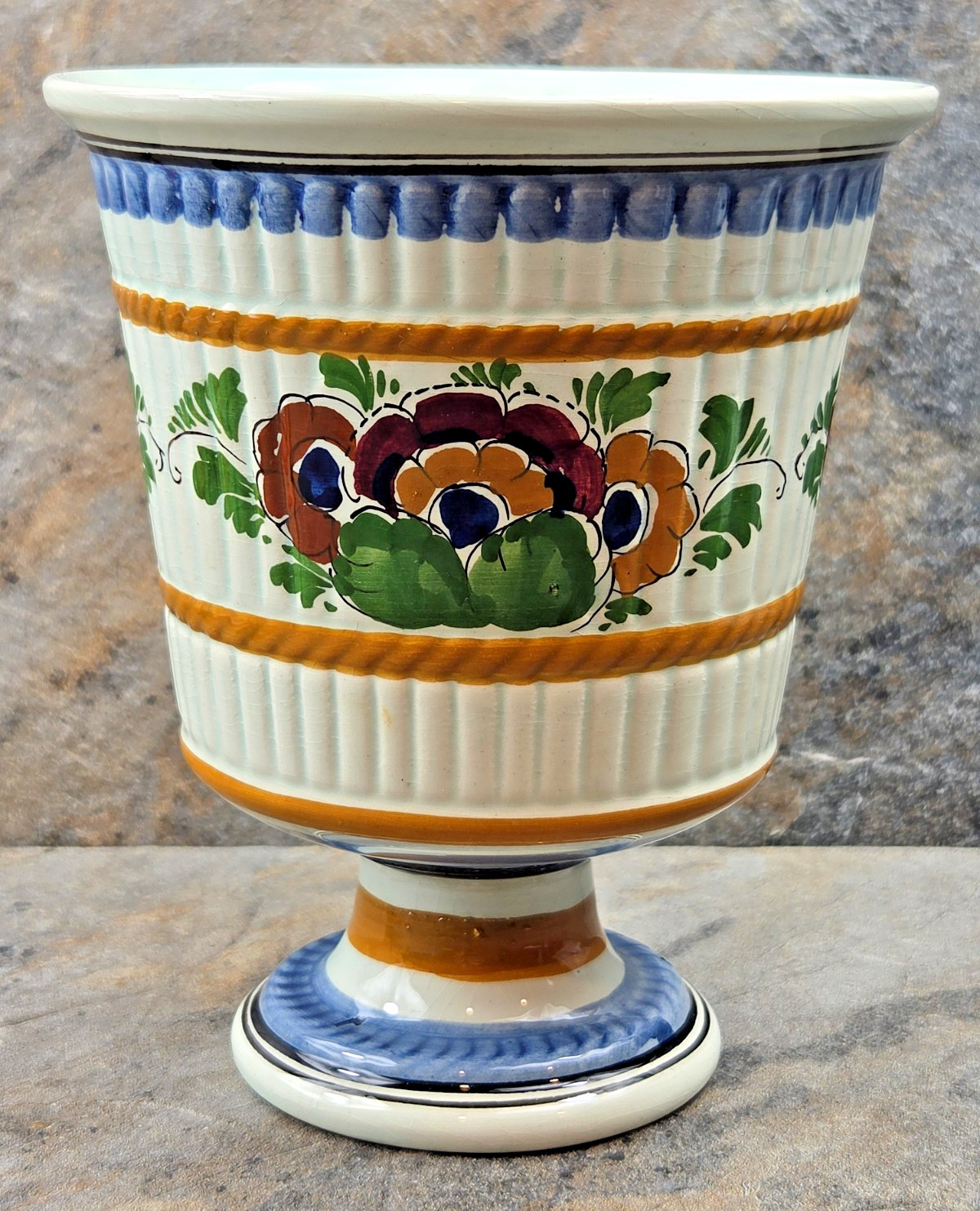 DP Delft Polychrome Footed Ceramic Vase Planter Floral Design Hand Painted 6″
