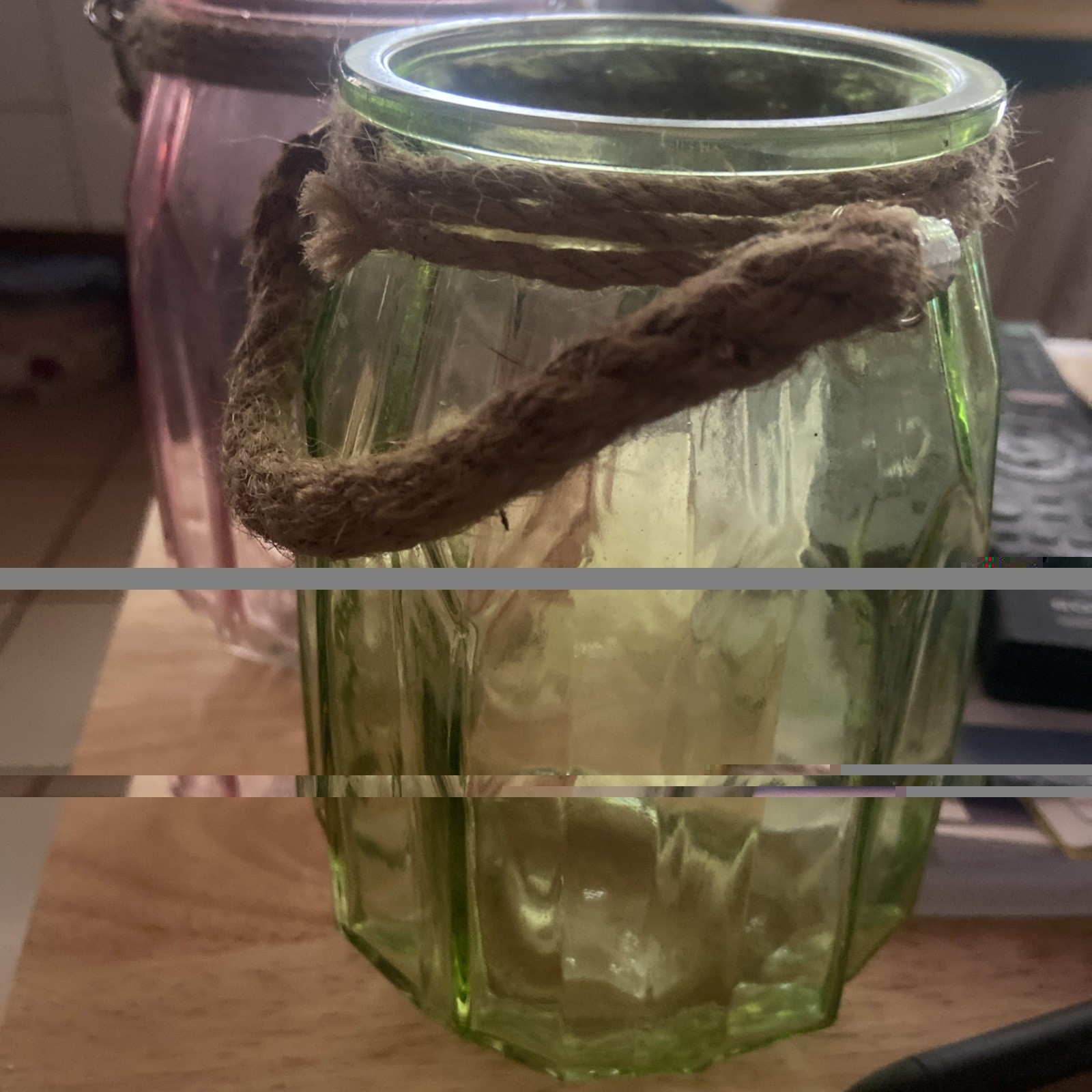 Decorative Glass Jar With Rope Handle Vase Or Candle Holder 7.5 Tall 3” Wide Top