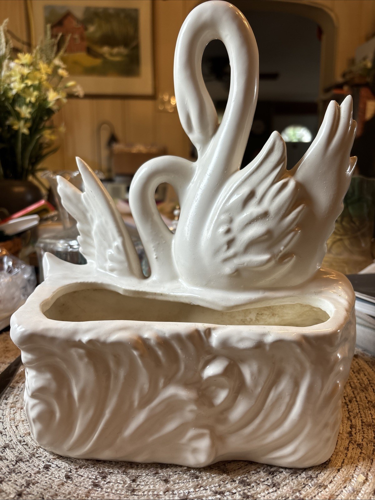 Hull Pottery 10.5″ White Double Swan Porcelain Planter