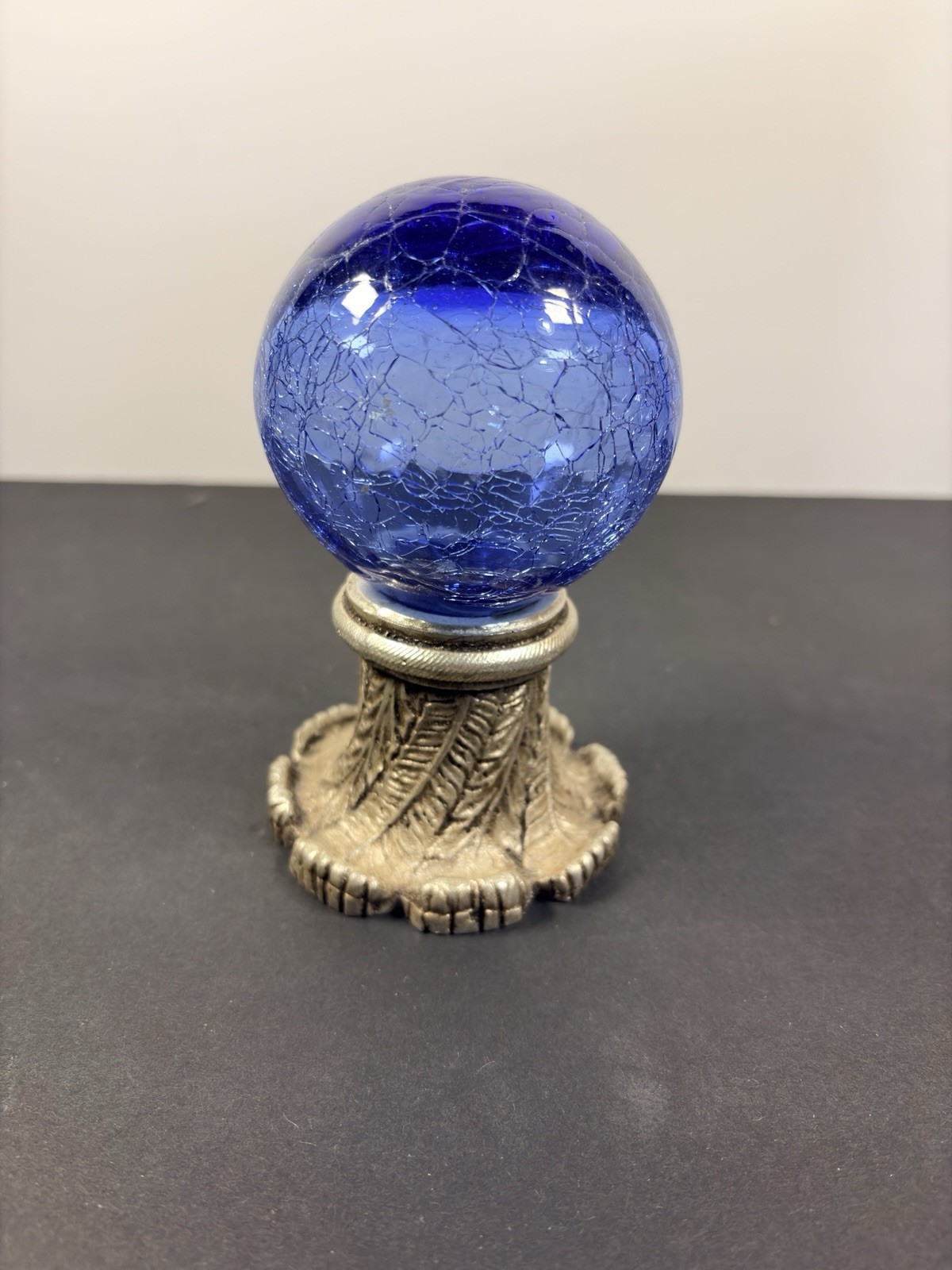 Vintage Cobalt Blue Crackle Glass Gazing Globe Ball On Decorative Metal Base 5”