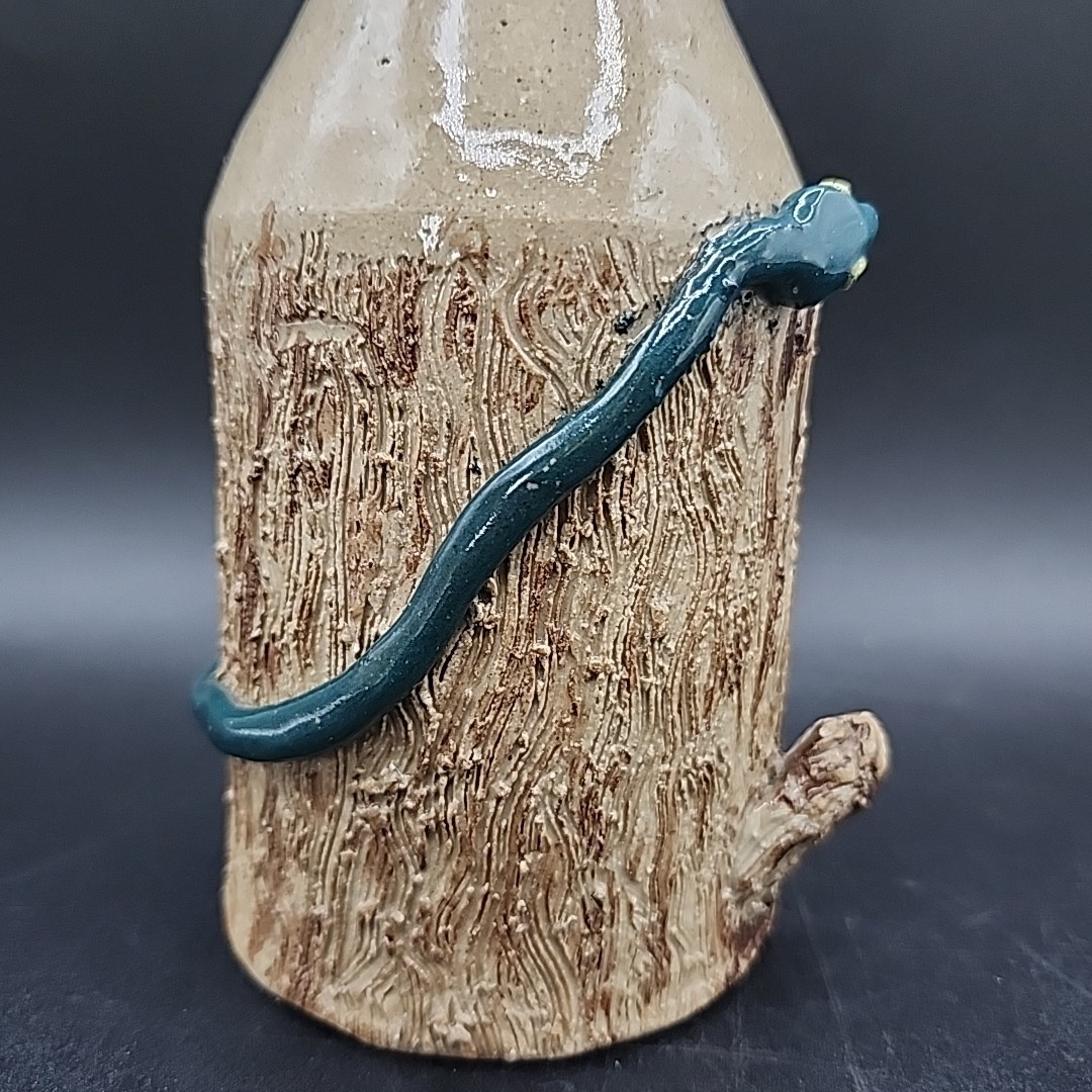 Unique Stoneware Artist Signed Pottery Bottle 7″ Tall Snake In Tree Design