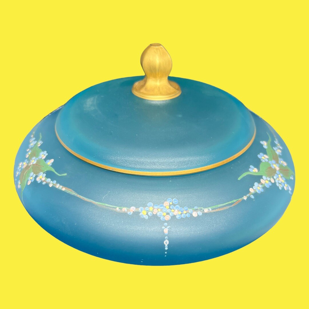 Vintage Tiffin Satin Blue Hand Painted Enameled Floral LiddedCandy Dish Nut Bowl