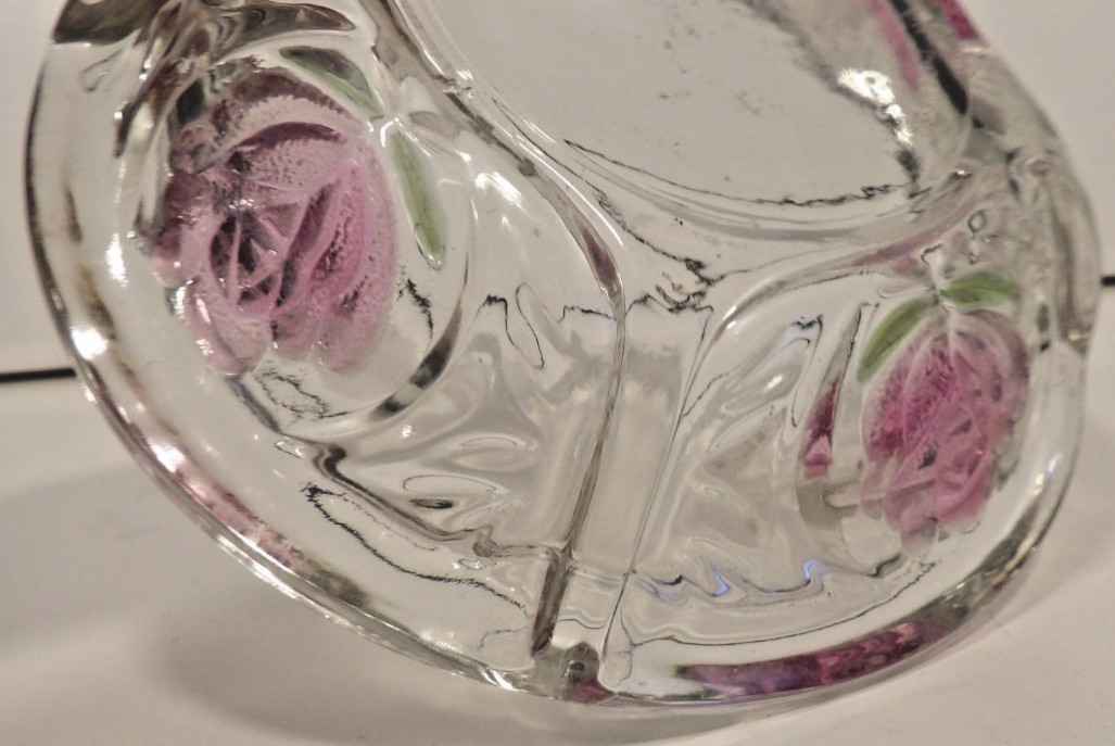 Vintage INDONESIA 6″ Clear Heavy Glass 4 Slot Ashtray With PINK Embossed Roses