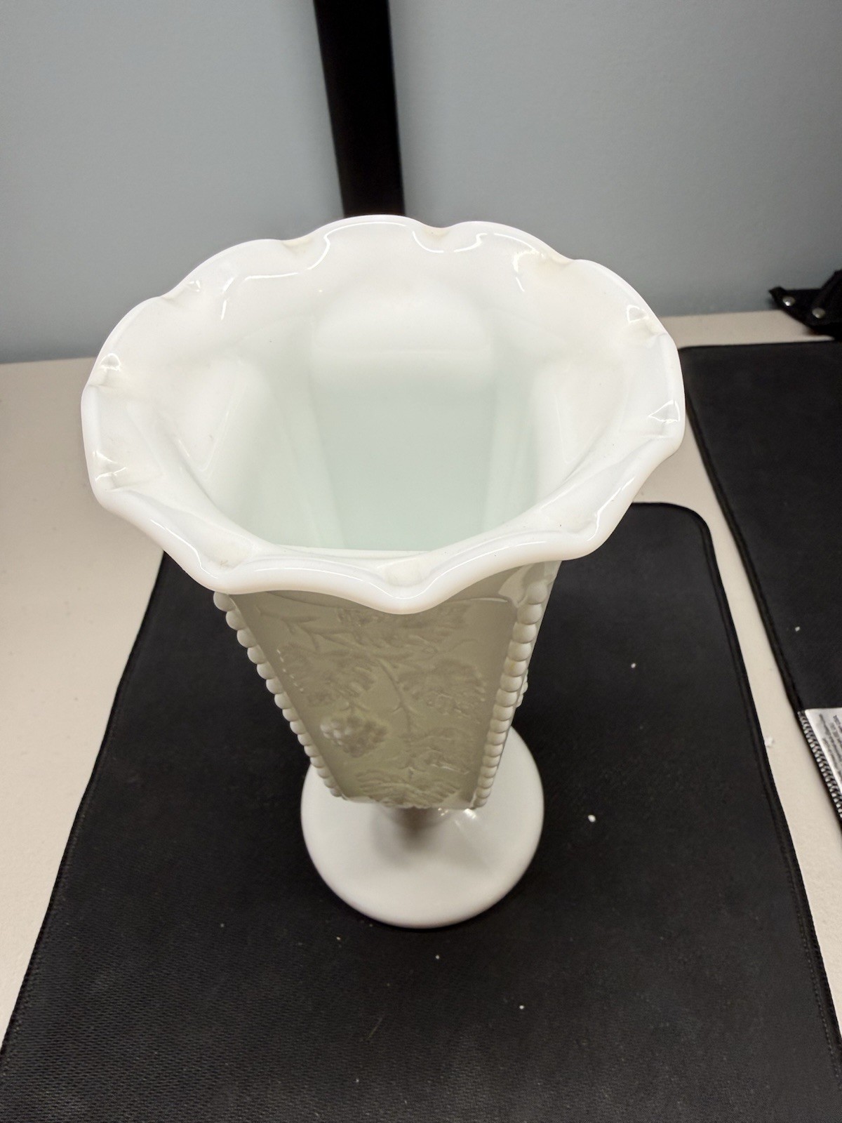 Unique Westmoreland Paneled Grape Milk Glass Vase w/ Ruffled Edge & Beaded Trim