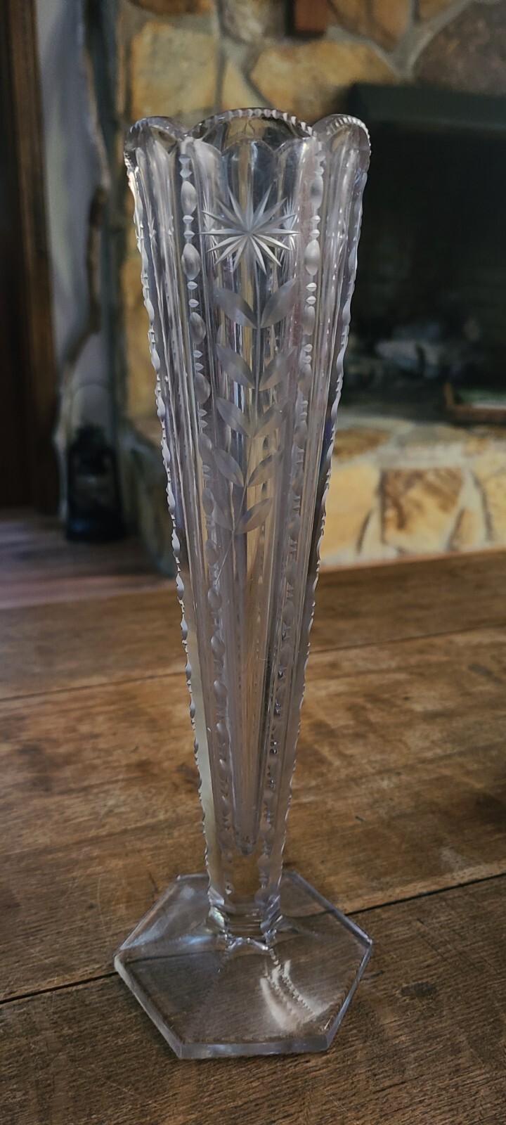Antique Trumpet Vase Art Nouveau Cut Glass Etched Flower 10.5 In Glows A Bit