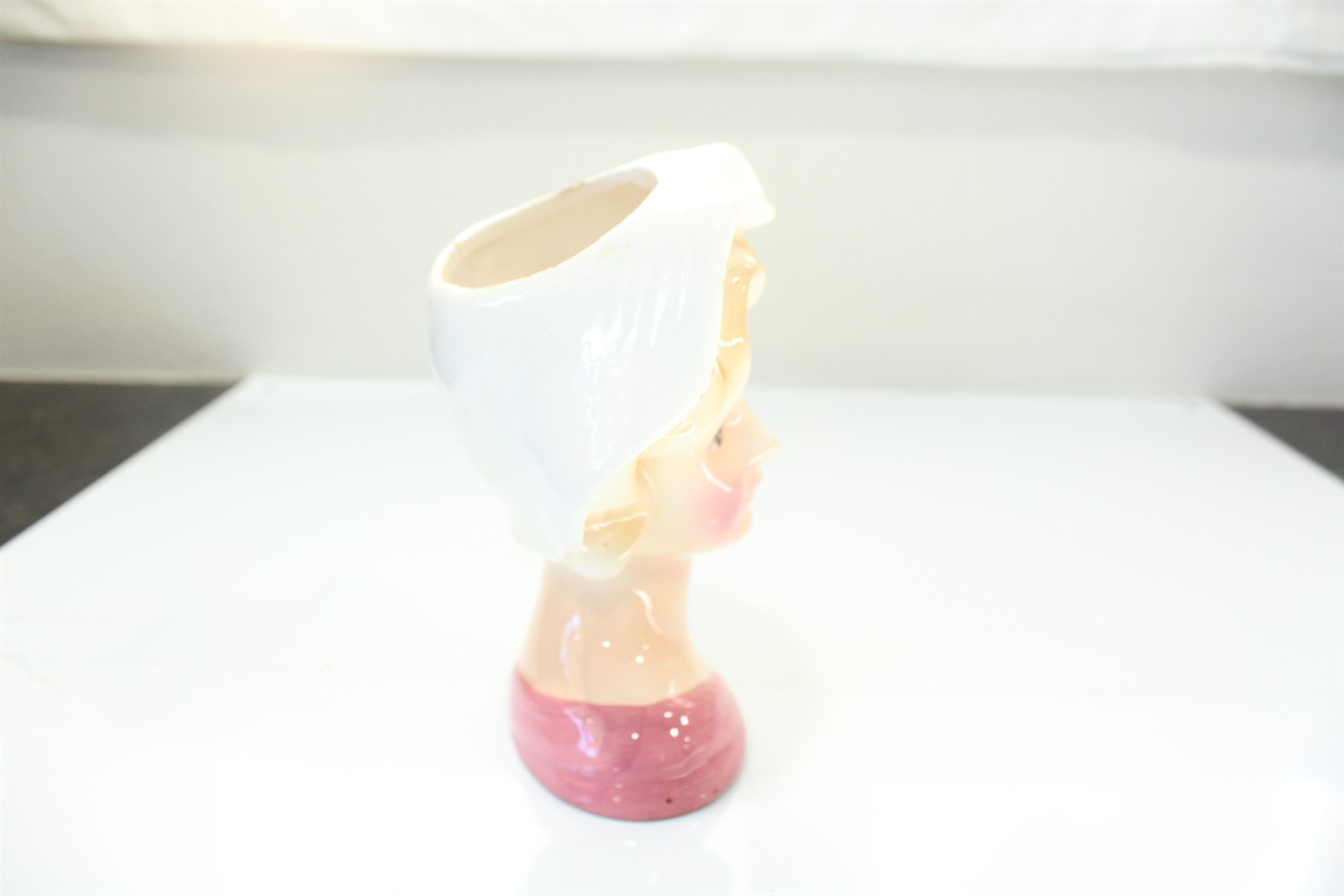 Vintage Relpo Head Vase Blonde Hair Woman Wearing White Hat With Pink Flower