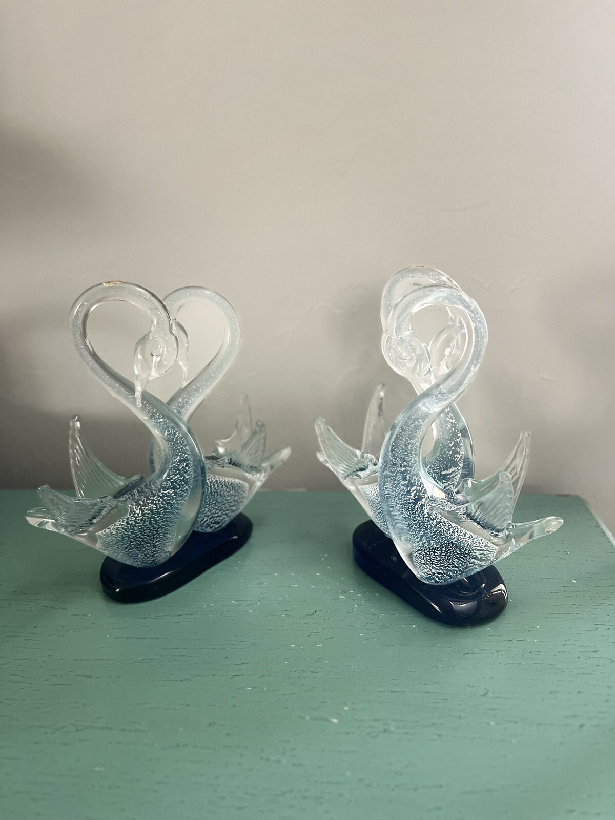 2 Rare MURANO Italy Art Glass Pair of Swans Blue Silver Figurine Heart Love