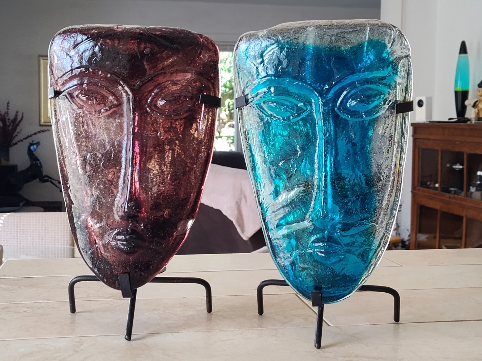 Vintage MCM Jaramillo Bros Mexico Glass Face Mask Sculptures Pair – 10″ On Stand
