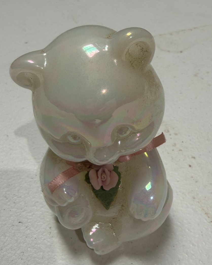 Vintage Fenton White Iridescent Glass Teddy Bear Figurine Pink Rose and Bow