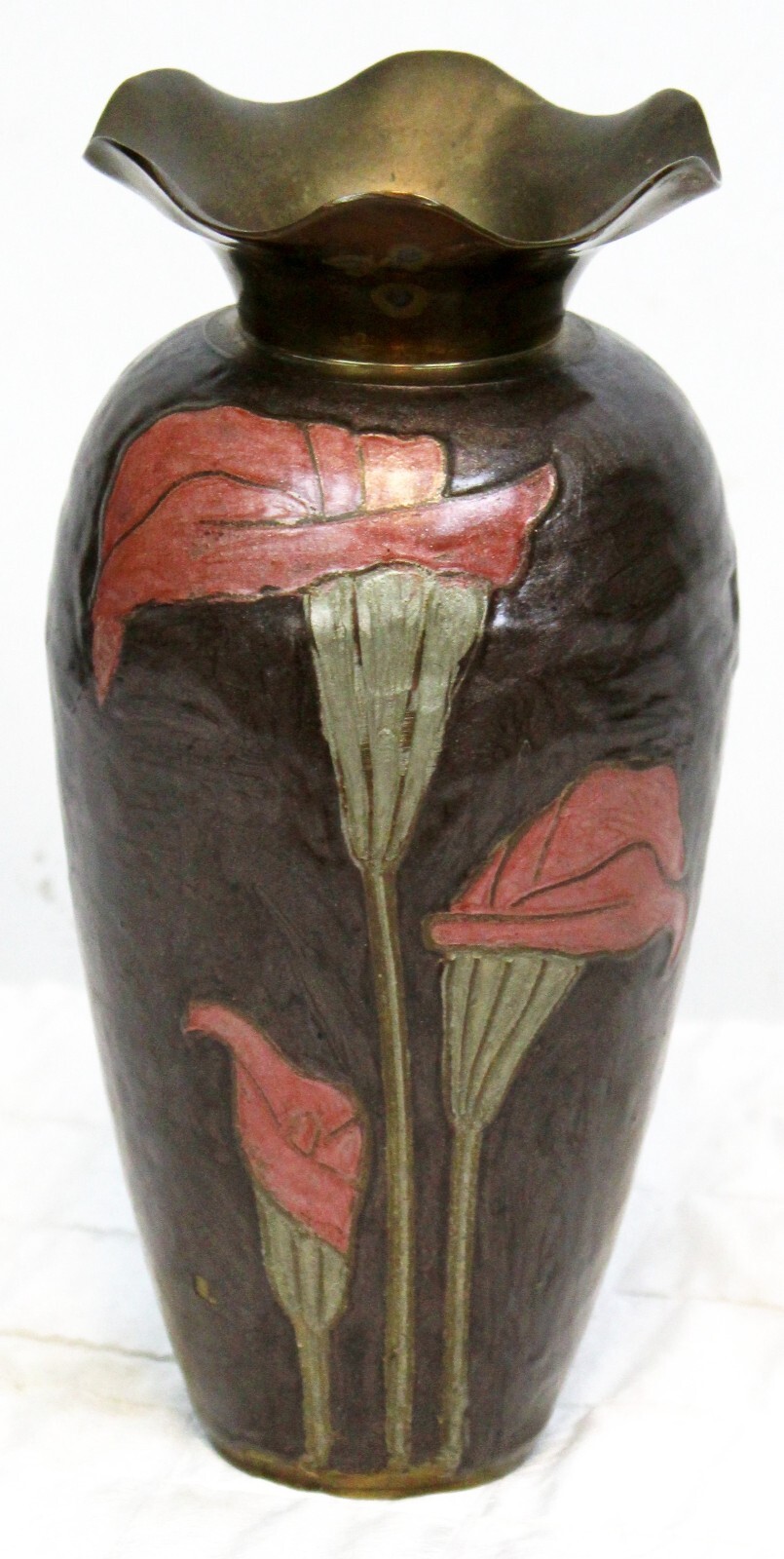 Vtg 80s Cloisonné Brass Vase Pink Lillies Brown Calla Cala Lily Ruffled Rim Top