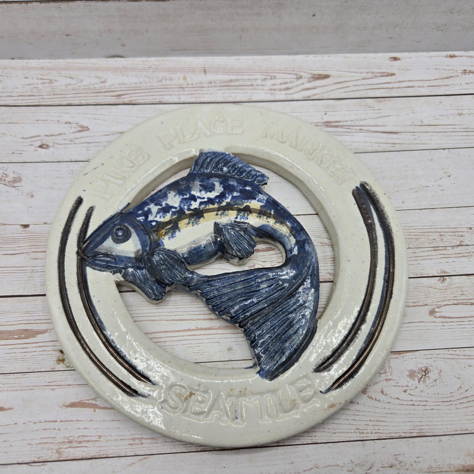 Pike Place Market Seattle Fish Trivet Plaque Ceramic Handmade 2000 Signed