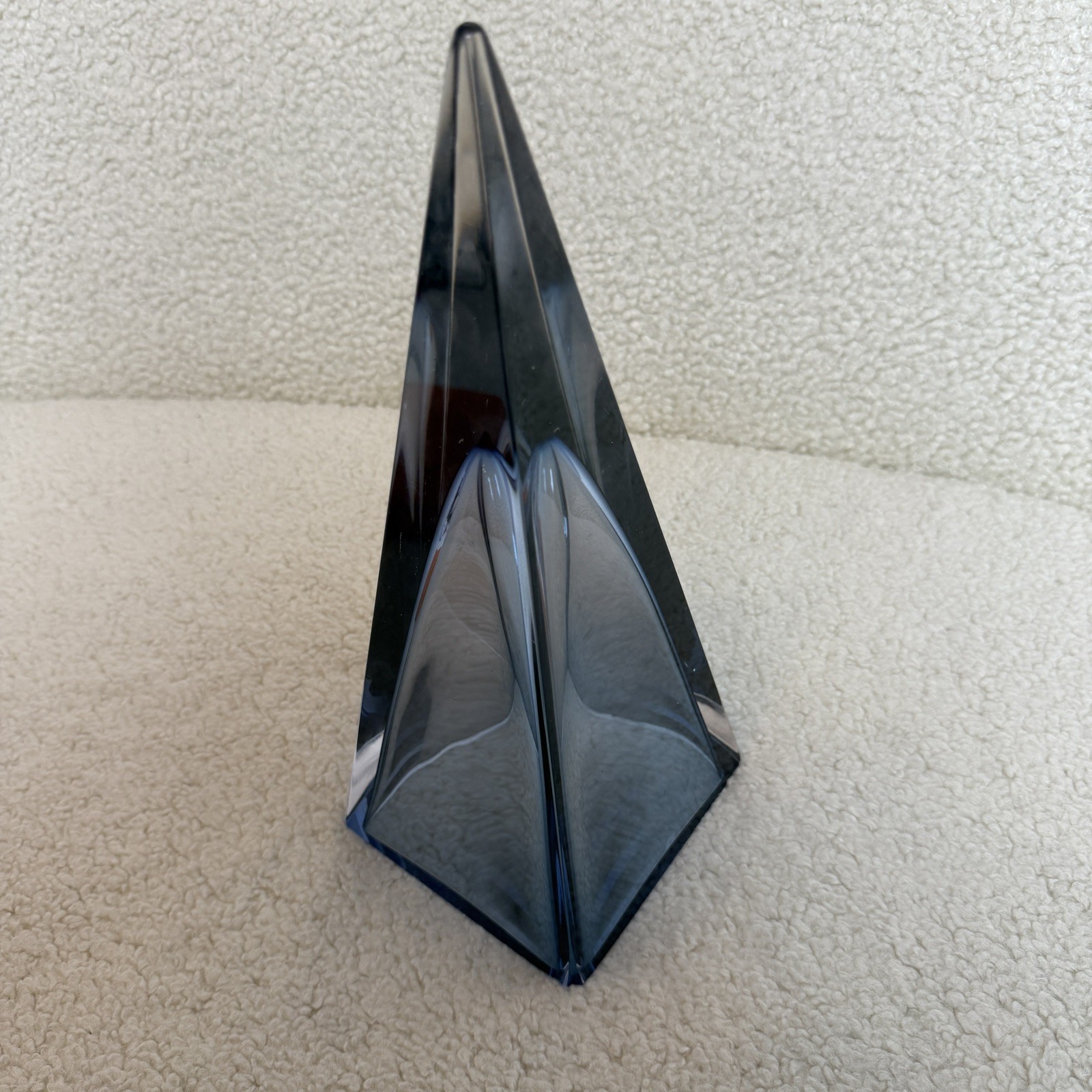 Large Blue Art Glass Pyramid Sculpture 11” Modern Geometric Optical Crystal