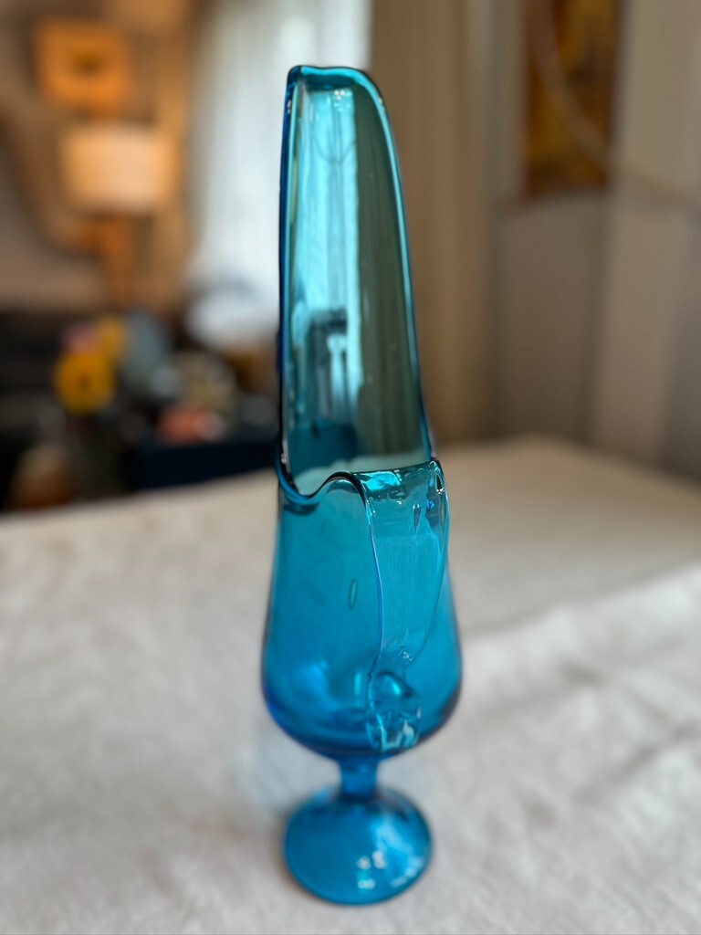 1960’s Vintage Le Smith Peacock Blue Hand Swung Ewer 16″ TALL VASE PITCHER MCM