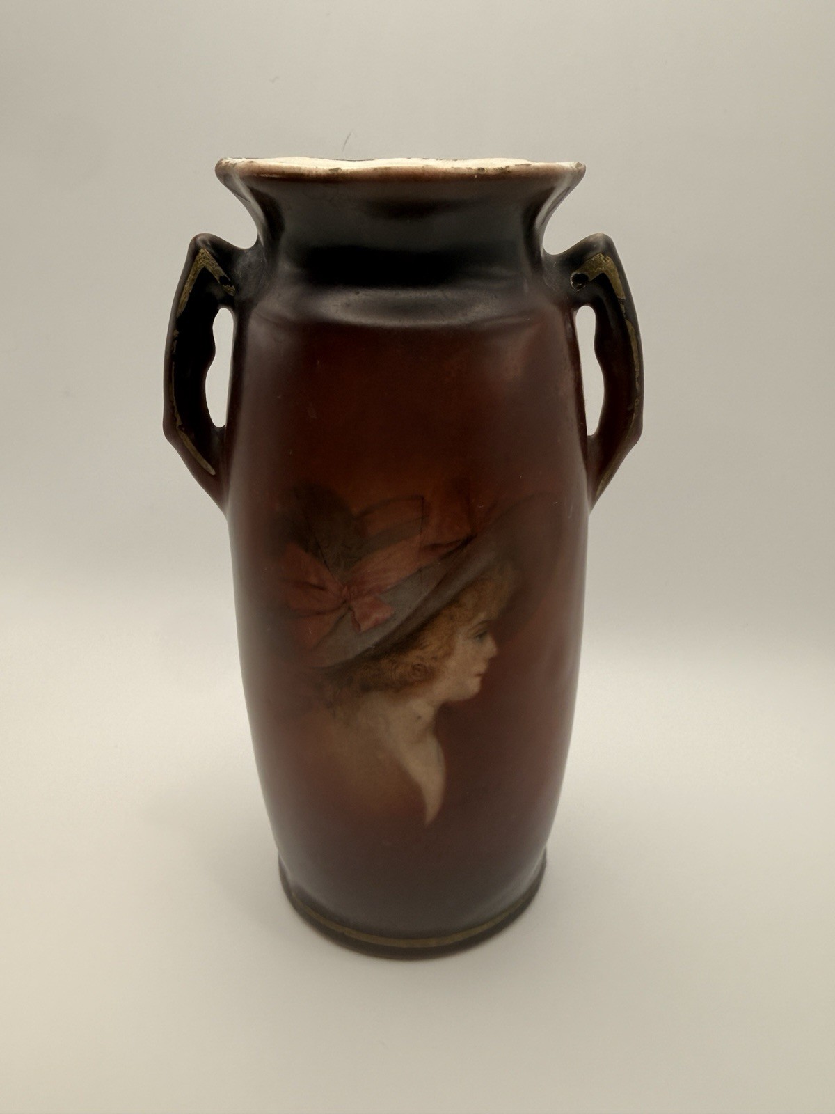 Vintage Hand Painted Pottery Portrait Vase Side Profile Two Handled Slovakia