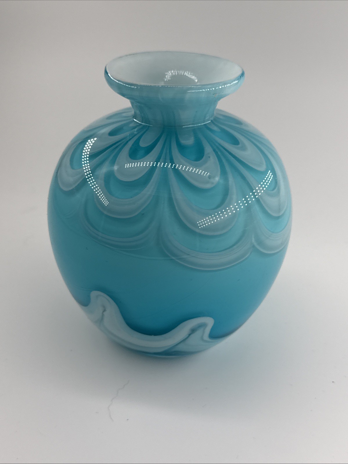 Turquoise And White Swirl White Case Hand Blown Art Glass Vase 5 Inches Tall