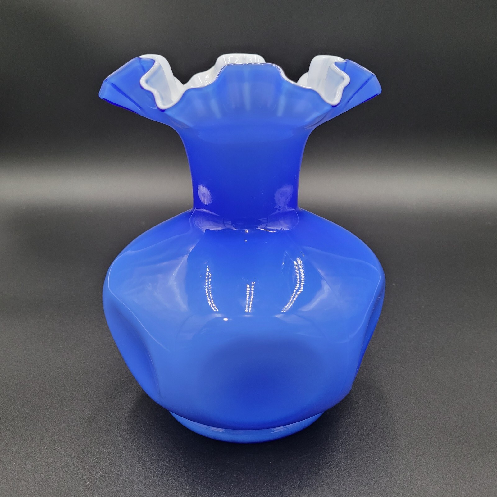 Fenton Canaan Valley Vase Milk Glass with Cobalt Casing Ruffled Crimped Stamped