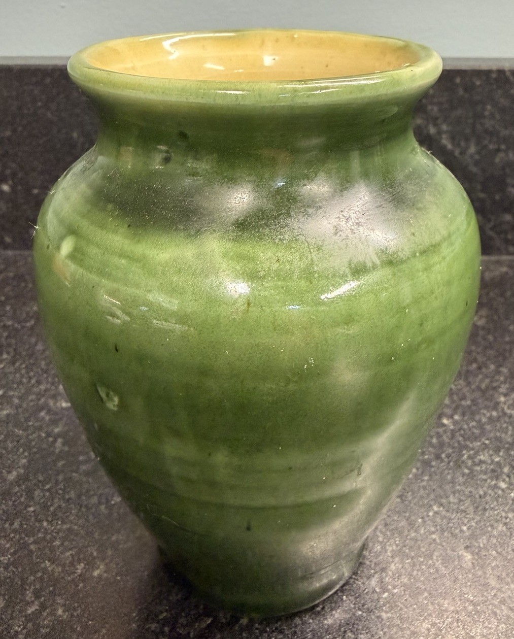 Vintage Pisgah Forest Pottery Green Vase Yellow Interior Hand Thrown 5.5″ NC