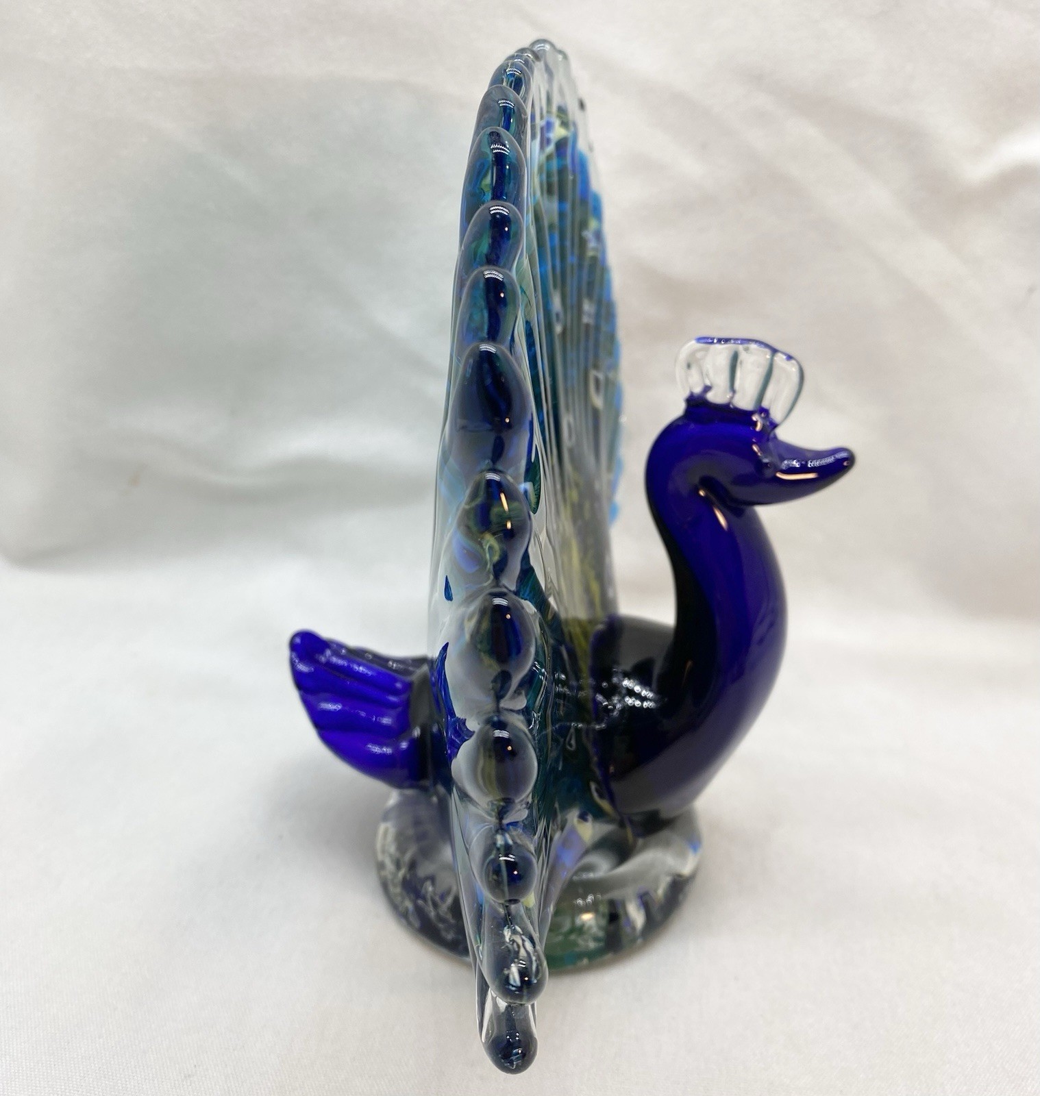 Vtg Dynasty Gallery Art Glass Colorful 7” T Peacock Figurine Blues Greens Yellow