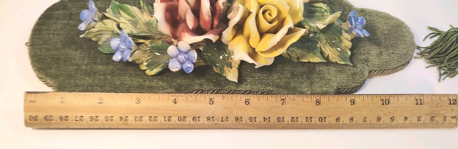 Vintage MC Italy Capodimonte Porcelain Roses On Green Velvet Wall Art 11.75 “