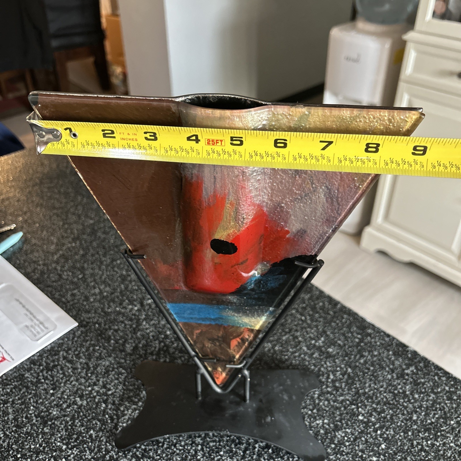 Jasmine Art Glass Table Vase Abstract Art Brown Blue Gold Red & Black 12.5”x9”