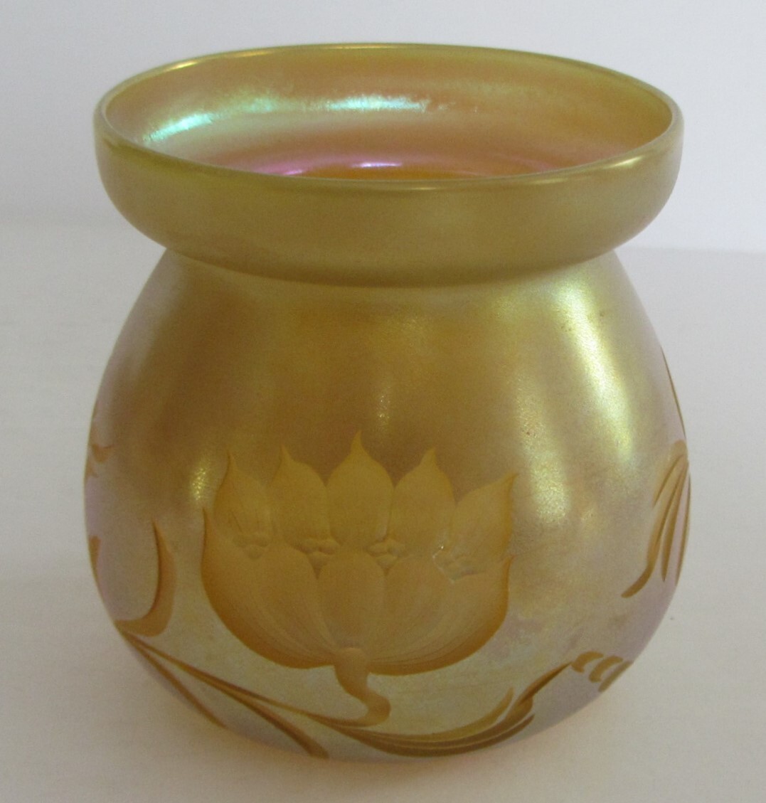 ANTIQUE SIGNED AURENE SUGAR POT w/ETCHED FLOWERS & BRANCHES~NO LID~EXCELLENT