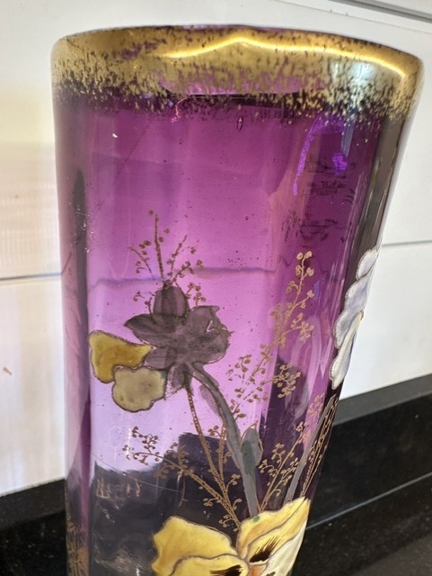 ANTIQUE GORGEOUS MONT JOYE LEGRAS FRENCH ART GLASS VASE WITH ENAMELED PANSIES