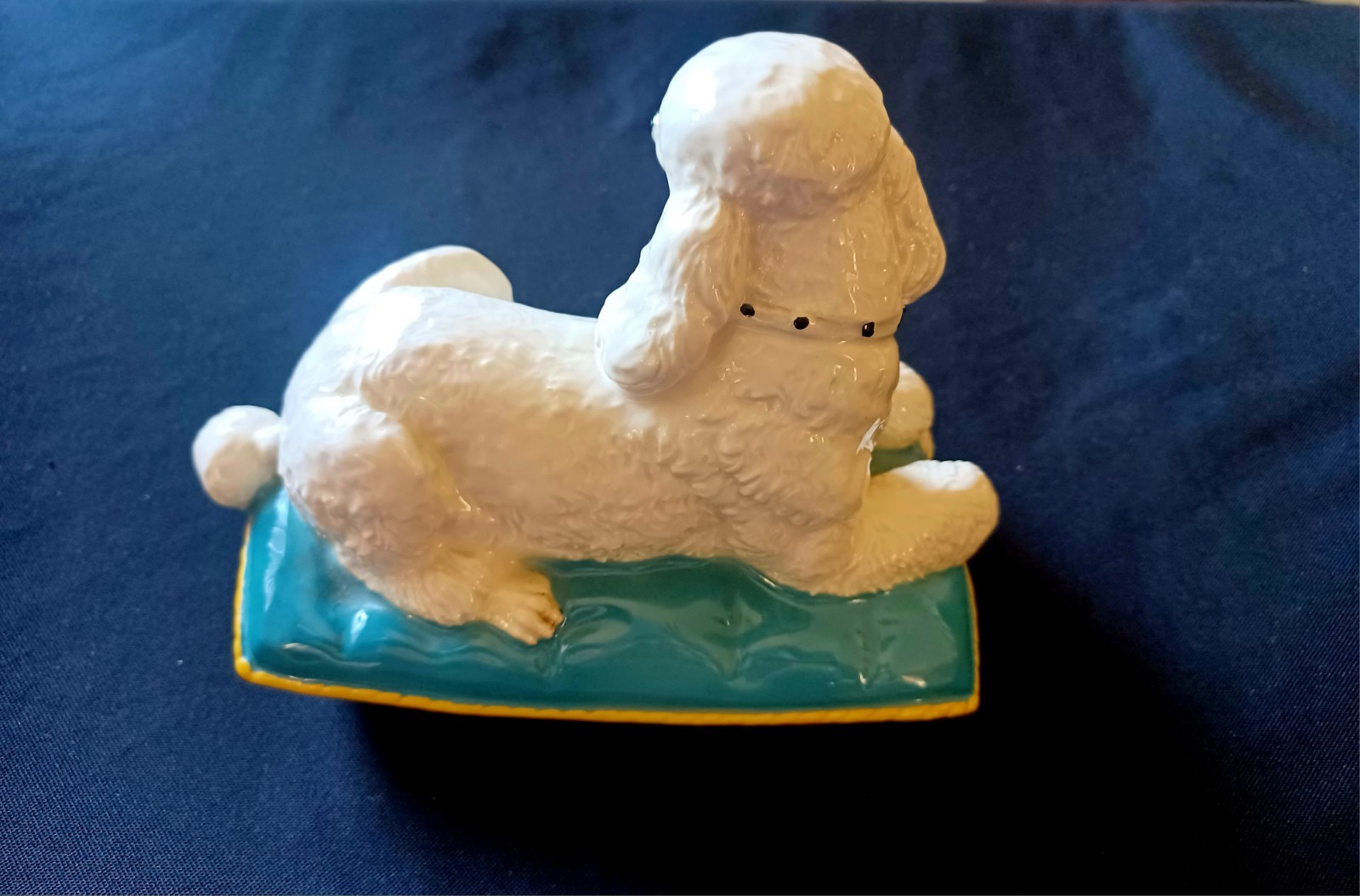 Vintage 1980s Royal Doulton Beswick White Poodle On Blue Cushion Dog Figurine