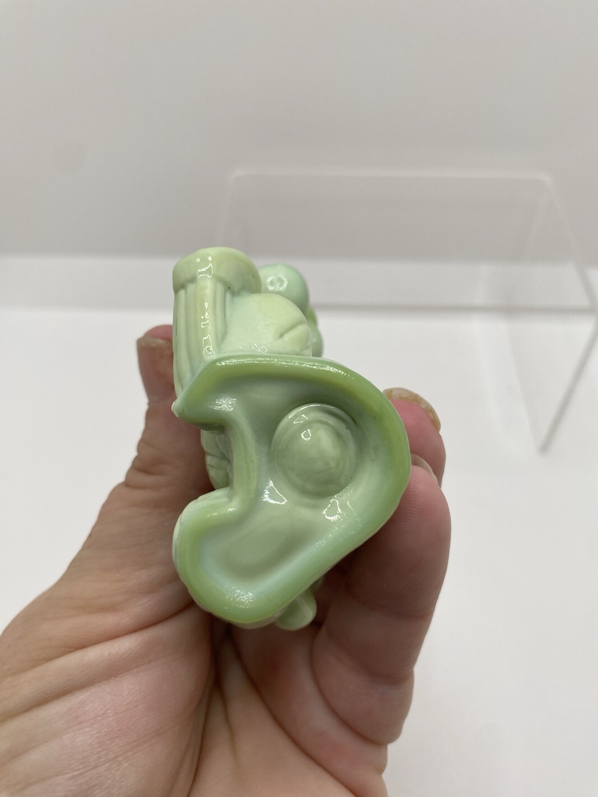 Mosser Art Glass 1981 Balloon Clown ‘Bags’ Jadeite Green Glass Figurine 3″