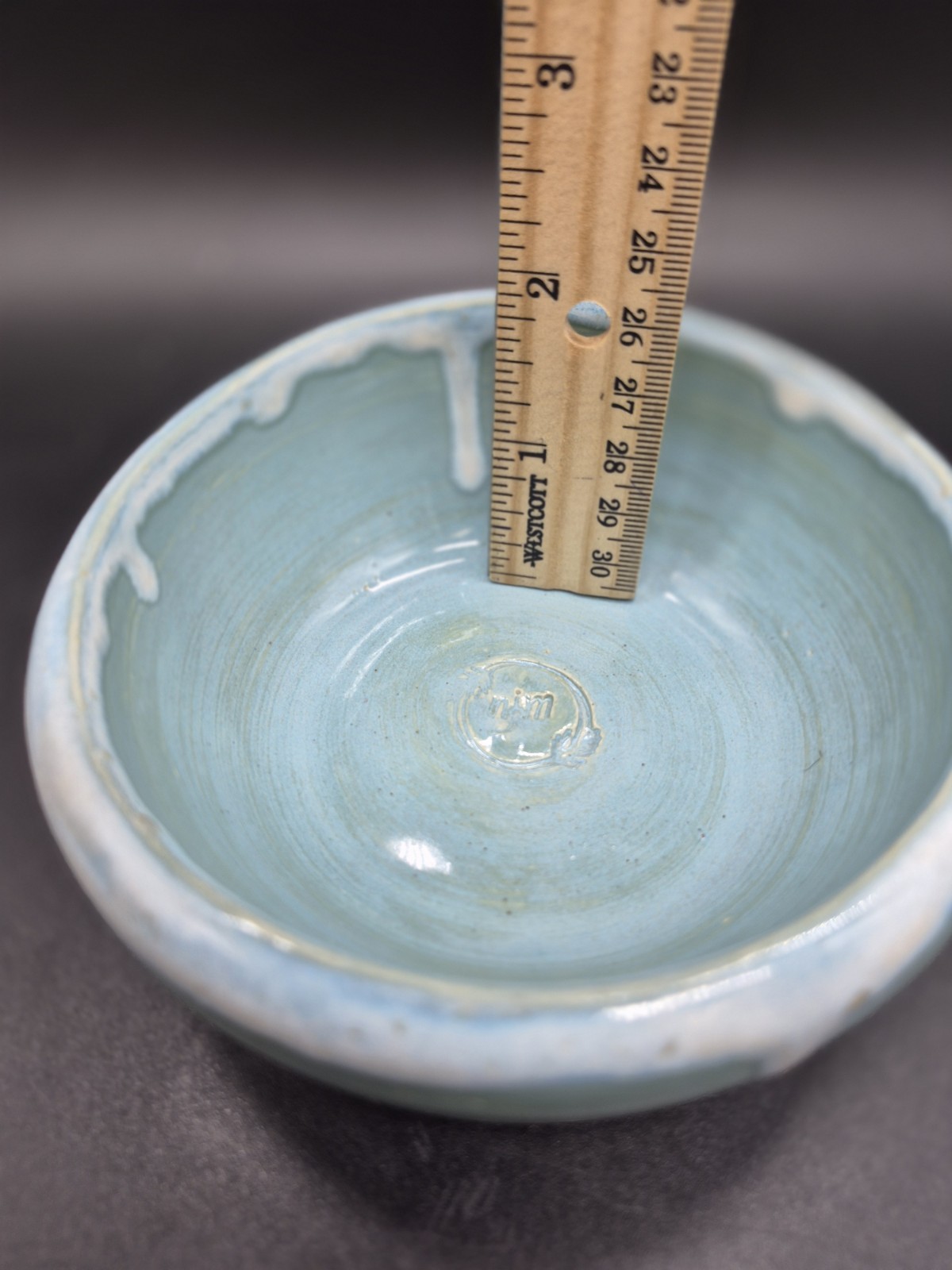 Handmade Pottery Bowl. Robin’s Egg Blue W/ White Drip Glaze Accents. Stamped NJM