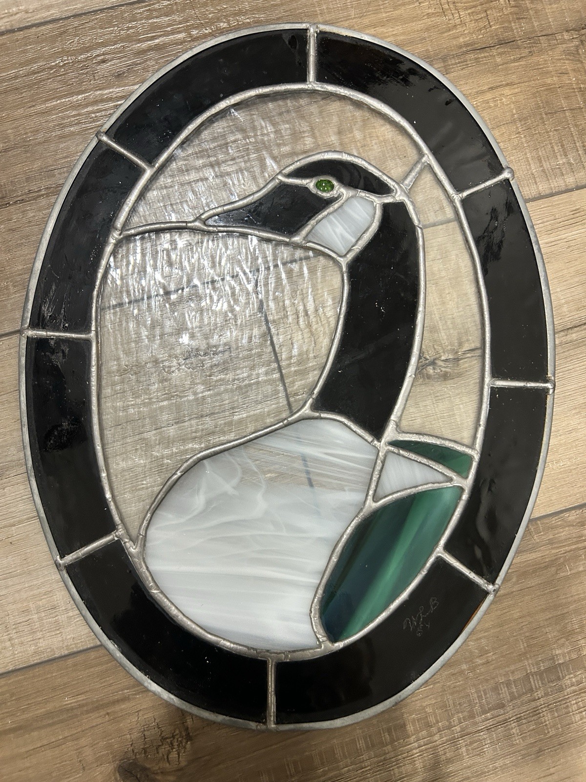 Oval stained glass loon black white duck head rain hanging chain sun catcher