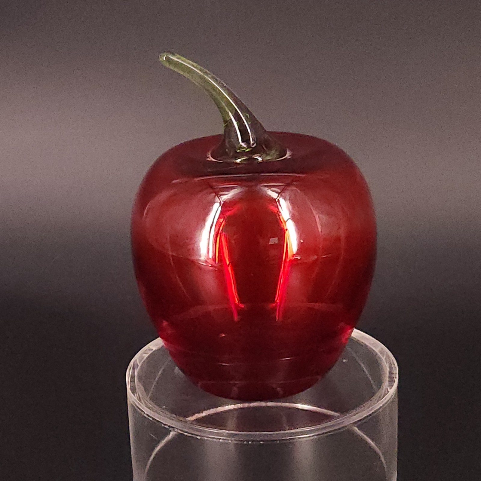 Viking Hand Blown Art Glass Red Apple Paperweight Applied Stem Figurine 4-1/8″T