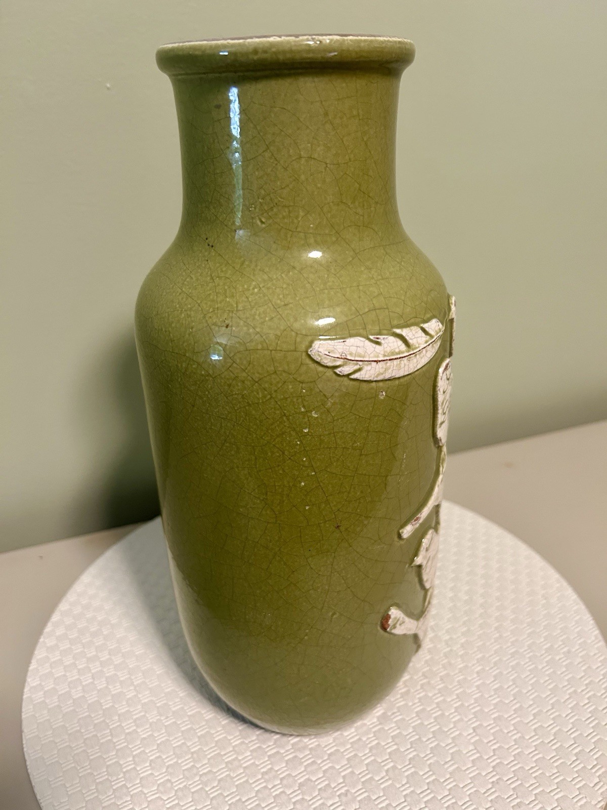 Pottery Vase Birds Crackled Green Art Decorative Gorgeous Heavy Piece. 14” EUC