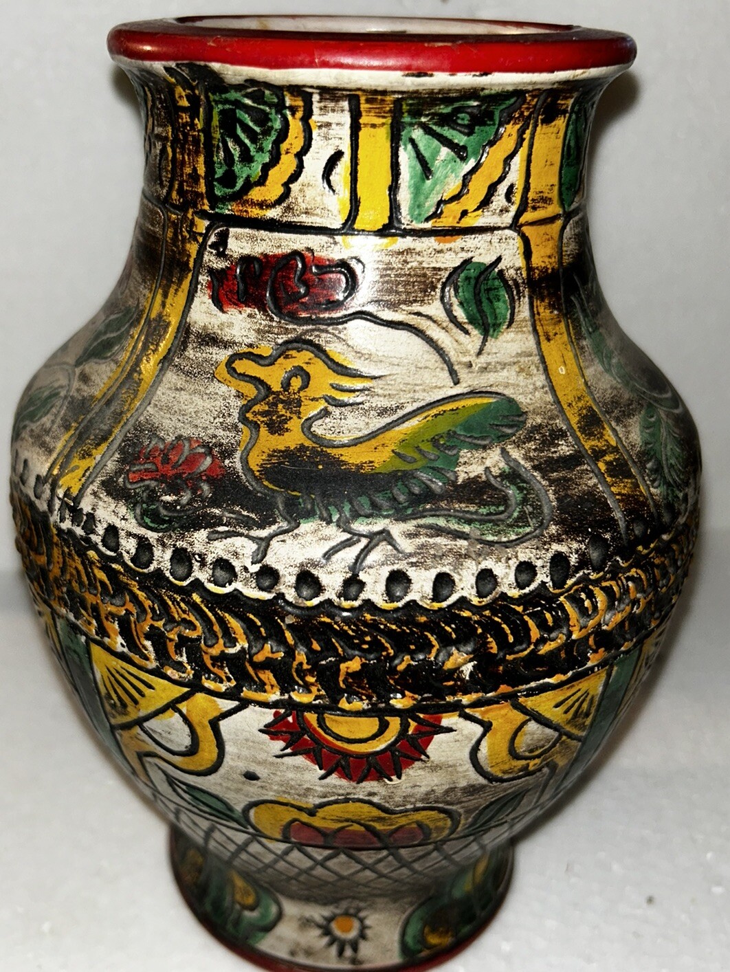 Vintage Made in Japan Bird and Floral Earthenware Vase. Pottery. Engraved Design