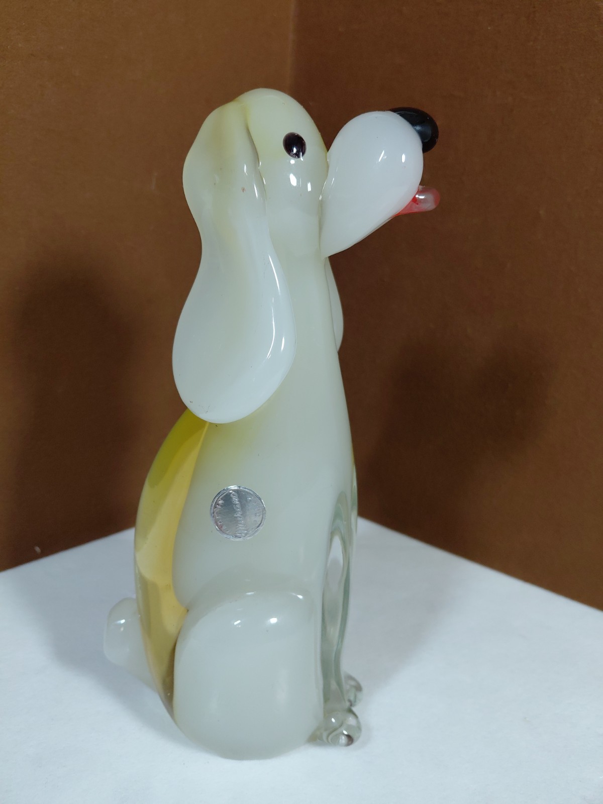 Murano Italy Dog Hand Blown White /Amber w/ Clear Casing 9 Inches Tall