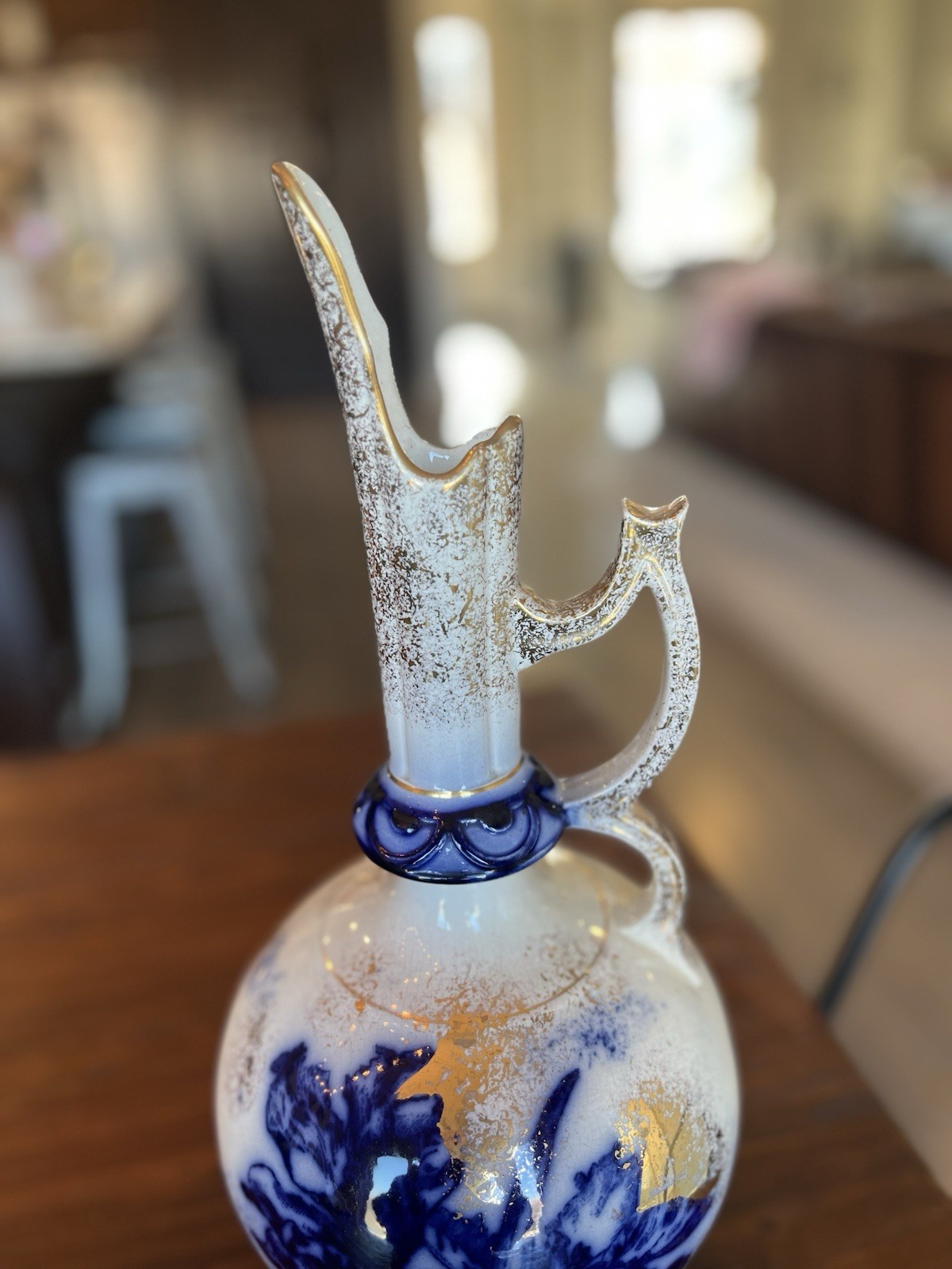 Antique Phoenix Art Faience Forester Flow Blue Gold Nouveau Vase 1890