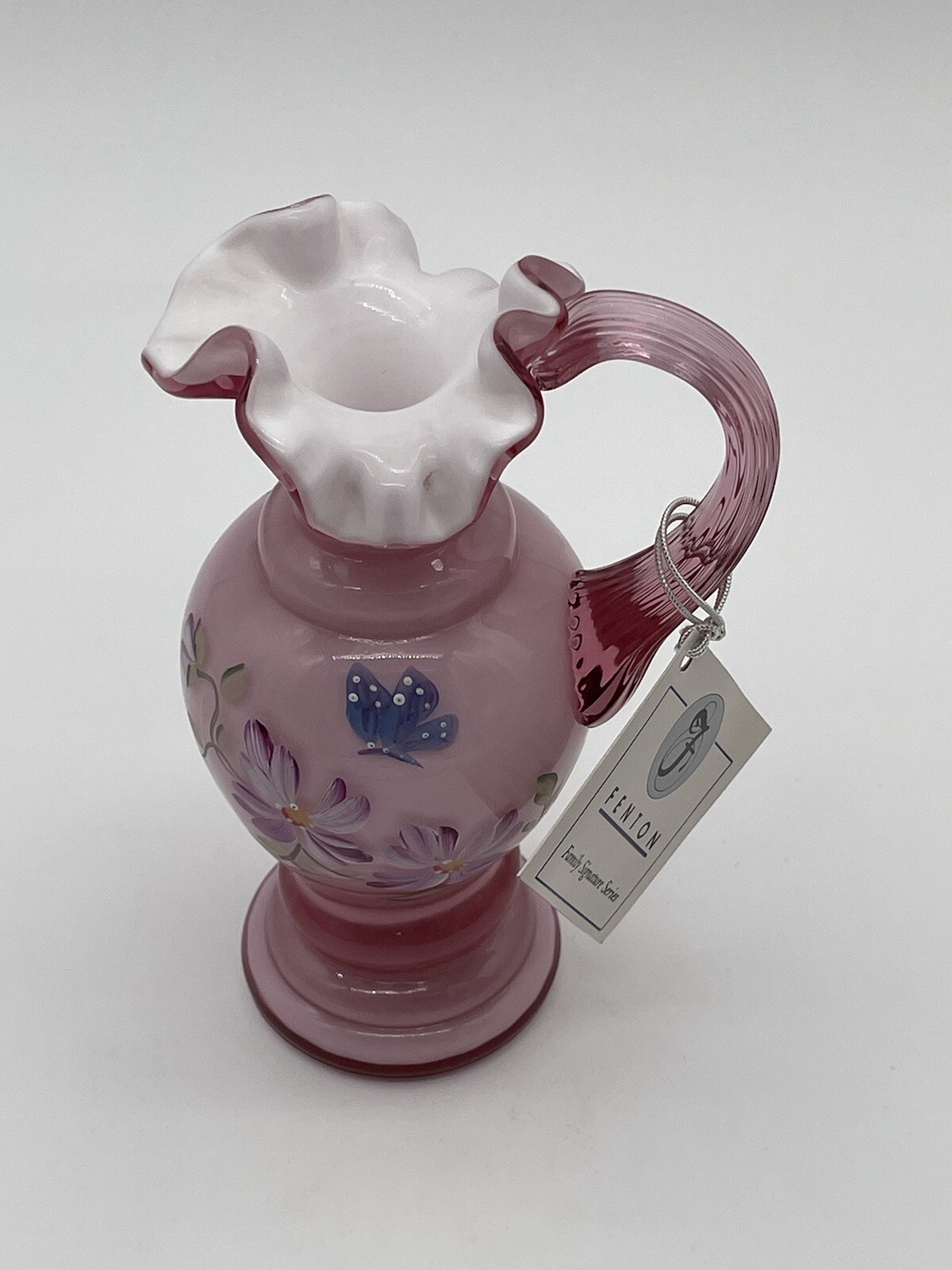 Vintage 1996 Lynn Fenton Art Glass Asters on Dusty Rose Overlay Pitcher #2071