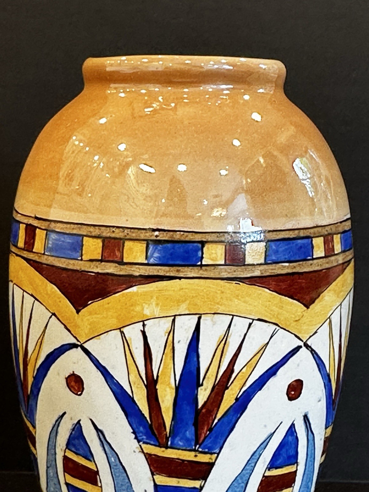 Vintage Sornaga Egyptian Glazed Pottery 6 Inch Urn Vase Handpainted Lusterware