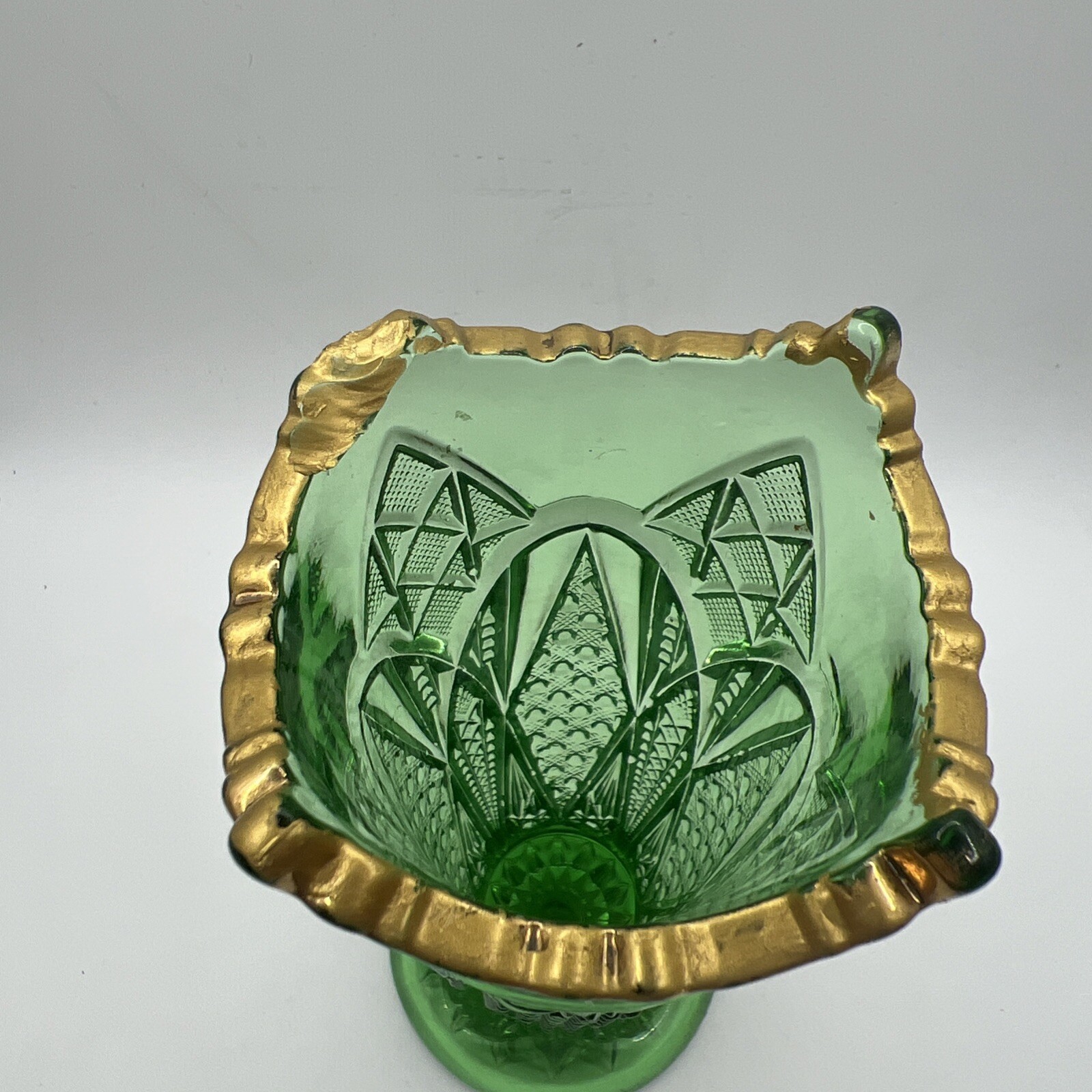 Vintage US Glass Co Vase Emerald Green Gold Trim 6” Tall. Weighs 15 Ounces.