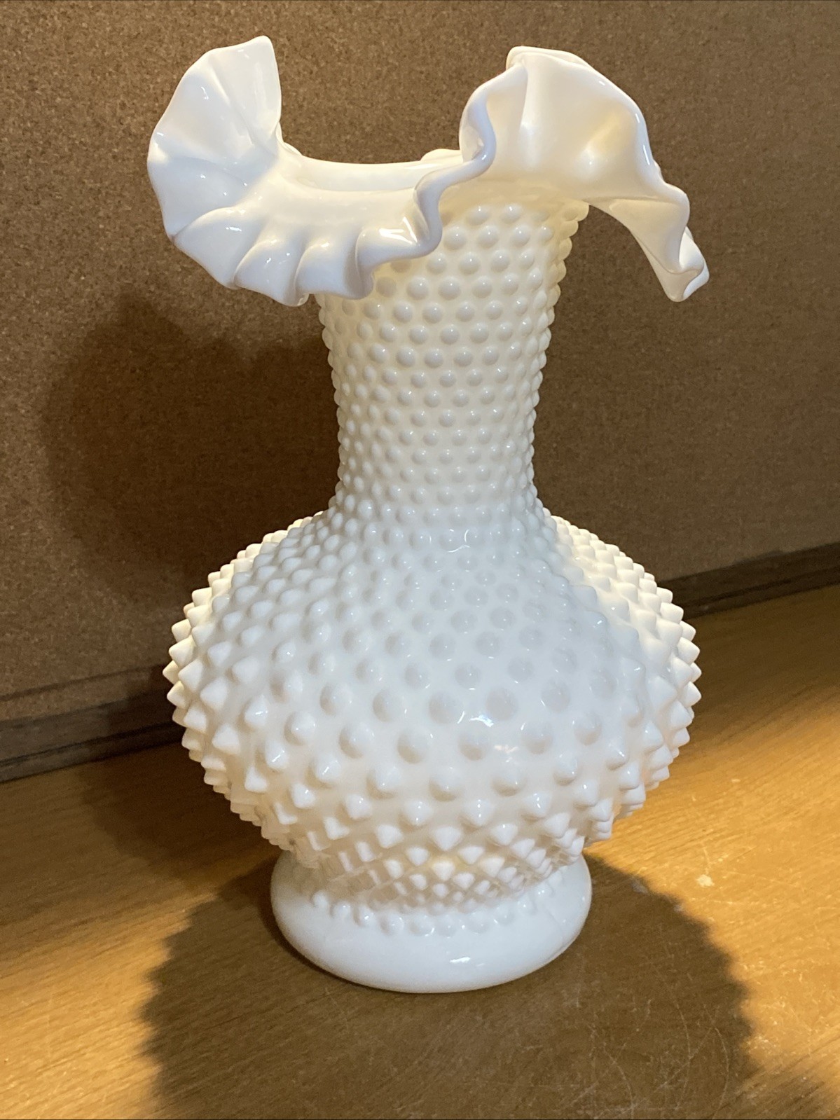 Vtg MCM Fenton Milk Glass Hobnail Vase w Ruffled/Crimped Edge – 10.5″ – EPOC