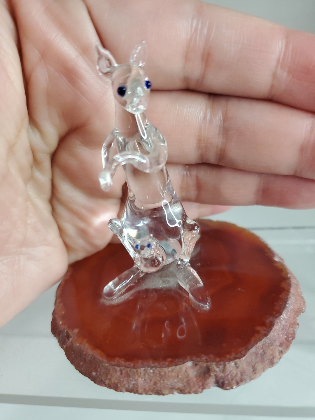 Glass Baron Hand-Blown Kangaroo With Joey Geode Base Figurine 2.5” Tall