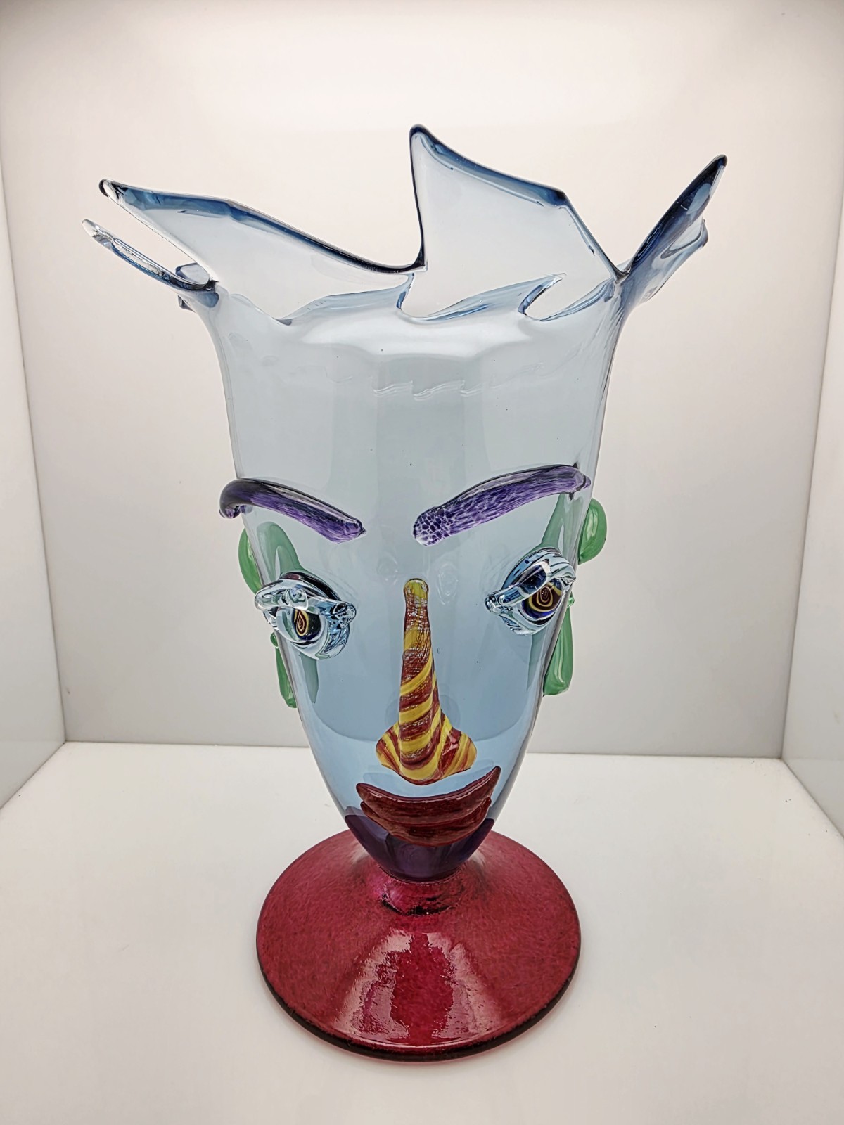 Christopher Belleau 2001 Signed Hand Blown Glass Face Vase Large 11″ Vintage