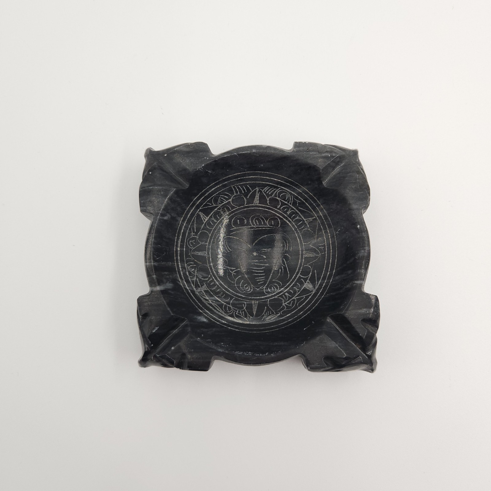 Aztec Style Natural Stone Ashtray Heavy Black Animals On Side Hand Carved Etched