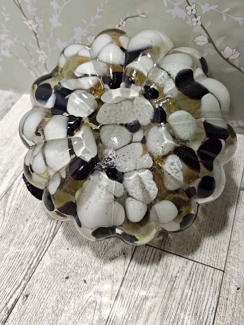 Hand Blown Art Glass Pumpkin Copper Black White Medium Swirl Glitter Decorative